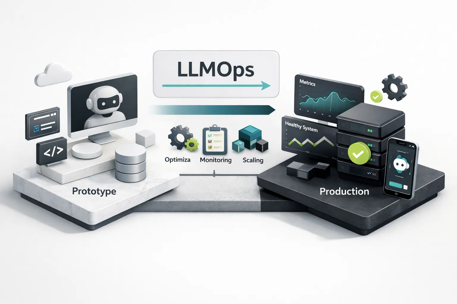 Engineers monitoring AI app development dashboards, tracking LLM performance metrics in a production environment