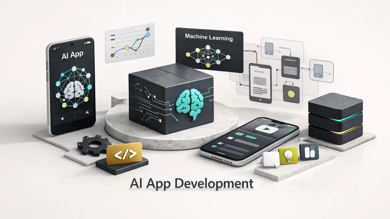 A developer coding an AI app on a laptop with neural network diagrams and data visualizations on screen