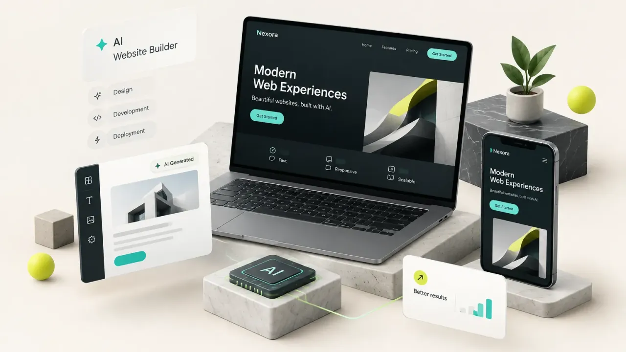 AI weboldal készítés folyamata számítógépes felületen, kód és design elemekkel megjelenítve