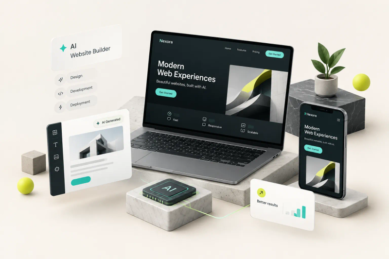 AI weboldal készítés folyamata számítógépes felületen, kód és design elemekkel megjelenítve