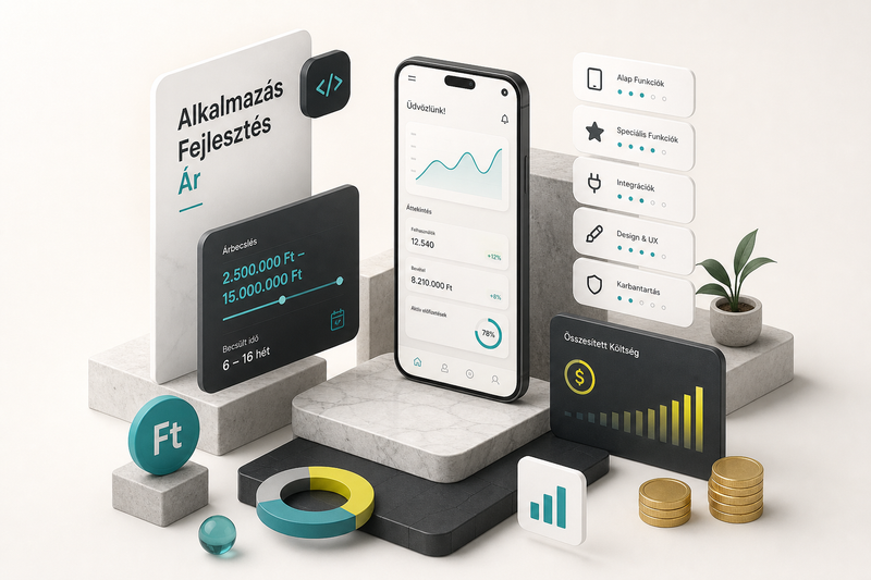 Alkalmazás fejlesztés ár tényezőit bemutató infografika fejlesztőknek és költségbecslésnek