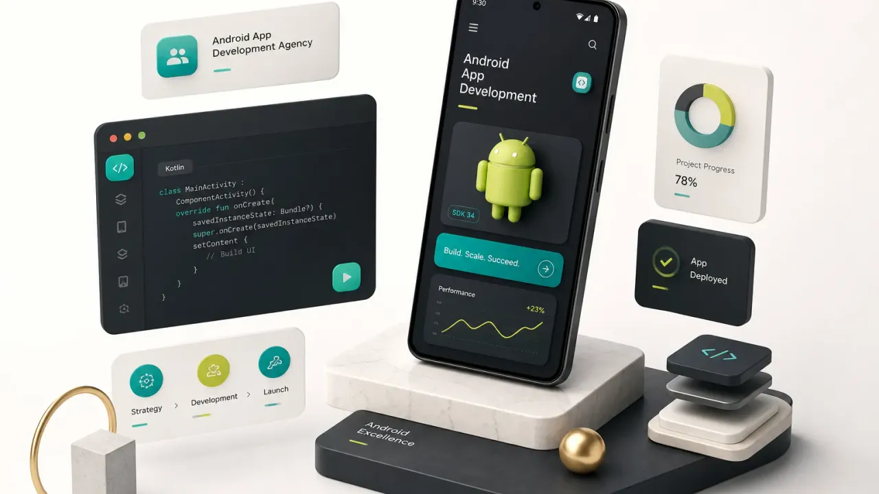 Android app development agency team collaborating on mobile UI designs during a project planning session