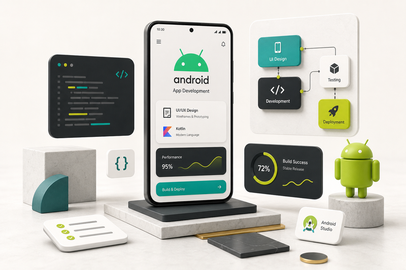 Android app fejlesztés folyamata fejlesztői környezetben kódolással és mobilteszteléssel