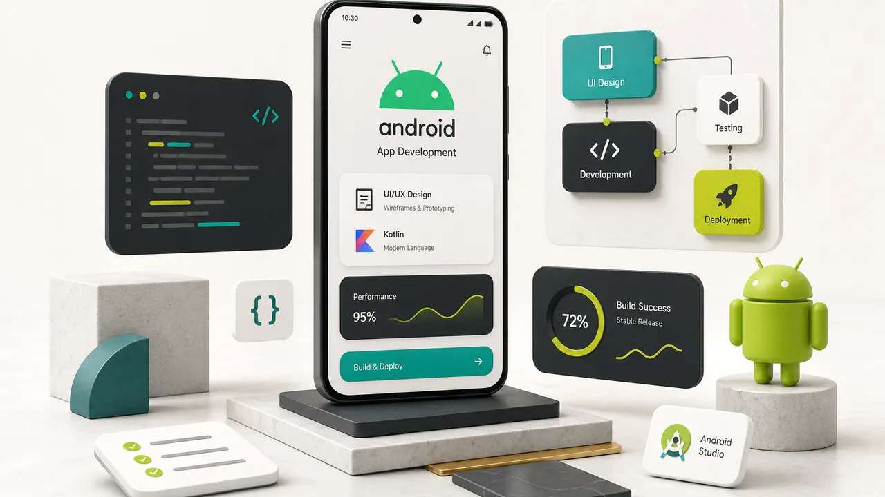 Android app fejlesztés folyamata fejlesztői környezetben kódolással és mobilteszteléssel