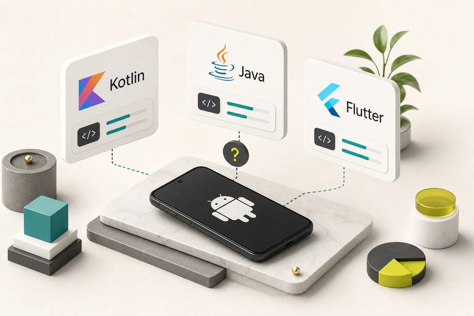 Kotlin, Java és Flutter logók összehasonlítása android app fejlesztés technológiai választásához