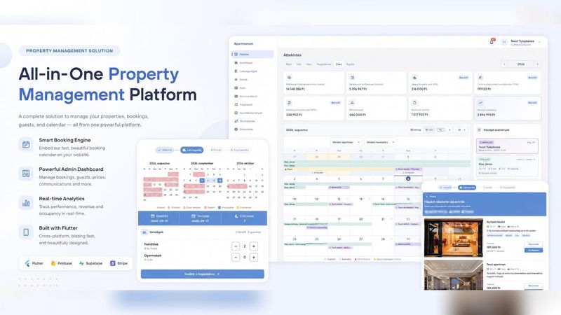 Apartmanom cover headlined All-in-One Property Management Platform, with three interface panels: the host dashboard with revenue and tax figures, an occupancy calendar, and the guest booking widget