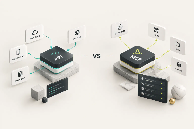 Diagram comparing API vs MCP architecture, showing data flow differences between traditional APIs and Model Context Protocol