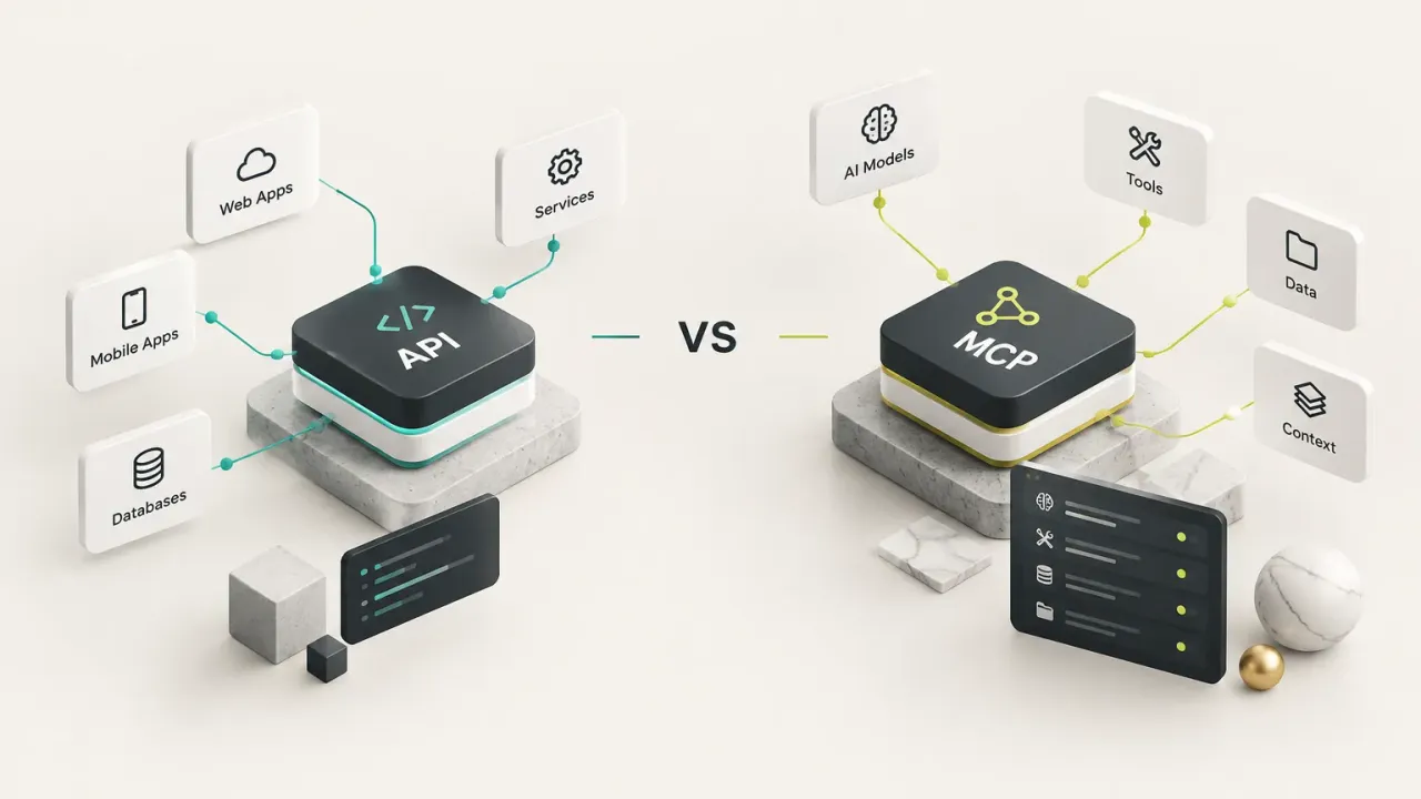Diagram comparing API vs MCP architecture, showing data flow differences between traditional APIs and Model Context Protocol