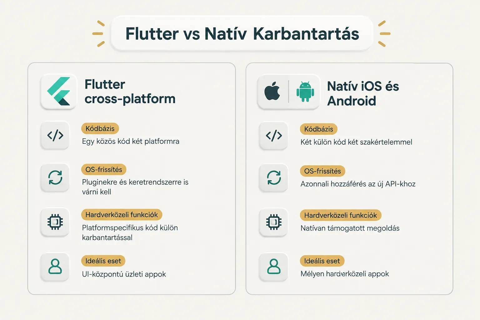 Comparison table, Flutter vs Natív Karbantartás. Kódbázis, Flutter cross-platform: Egy közös kód két platformra; Natív iOS…