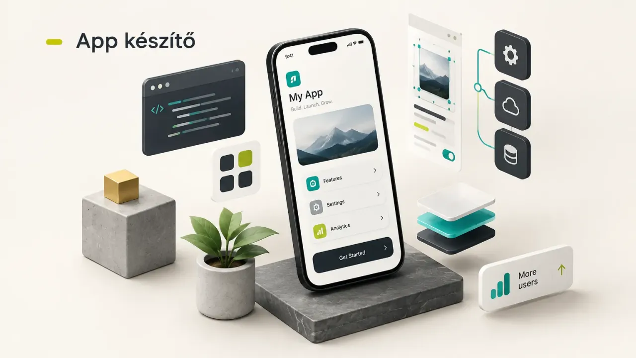 Alkalmazásfejlesztő app készítő szoftverrel dolgozik laptopon egy modern irodában