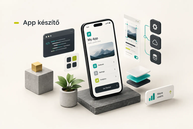 Alkalmazásfejlesztő app készítő szoftverrel dolgozik laptopon egy modern irodában