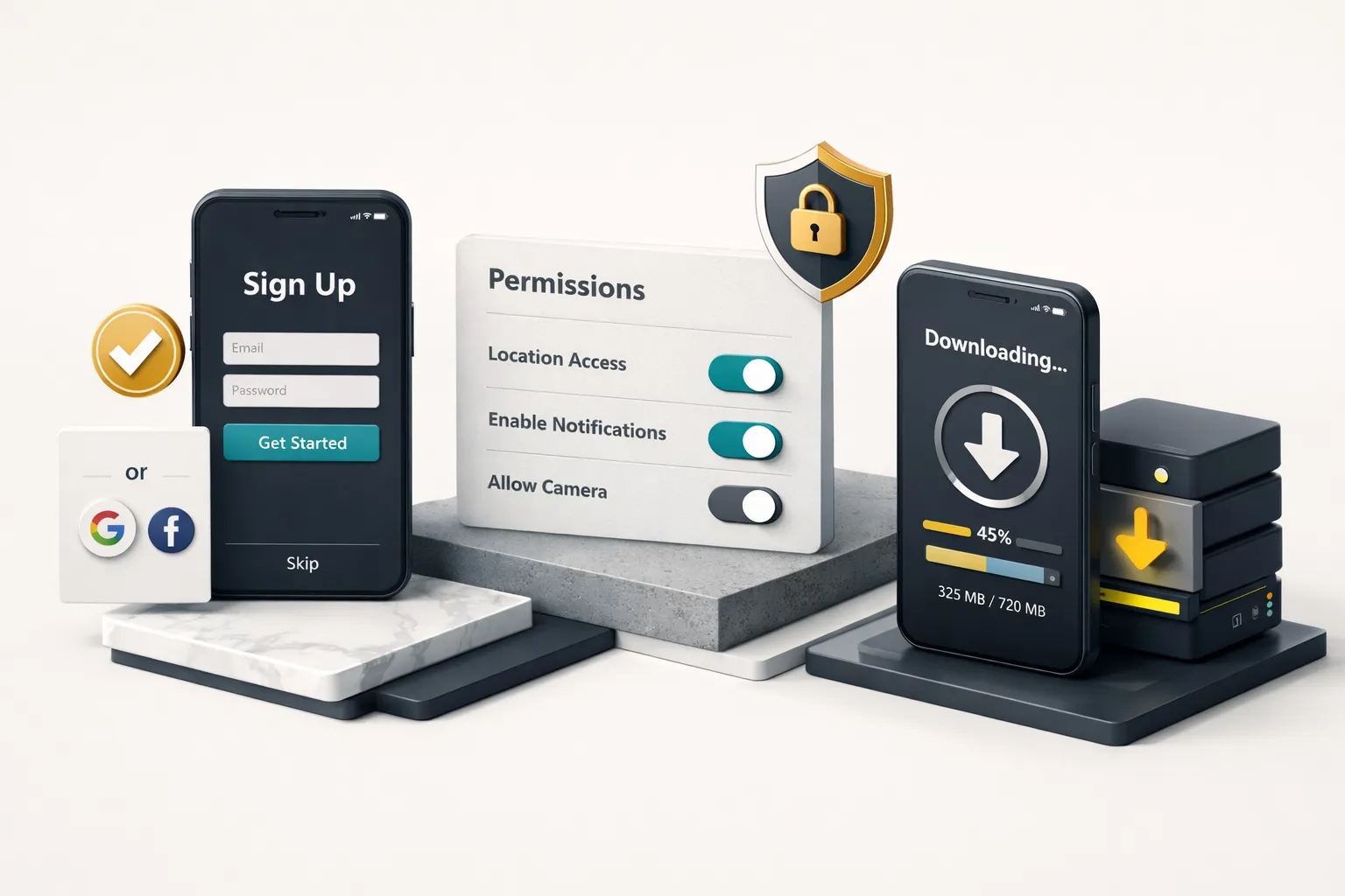 Mobile app signup screen with minimal form fields and a progress bar showing streamlined onboarding steps