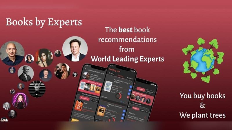 Books By Experts app preview with expert book recommendations and reading list screens