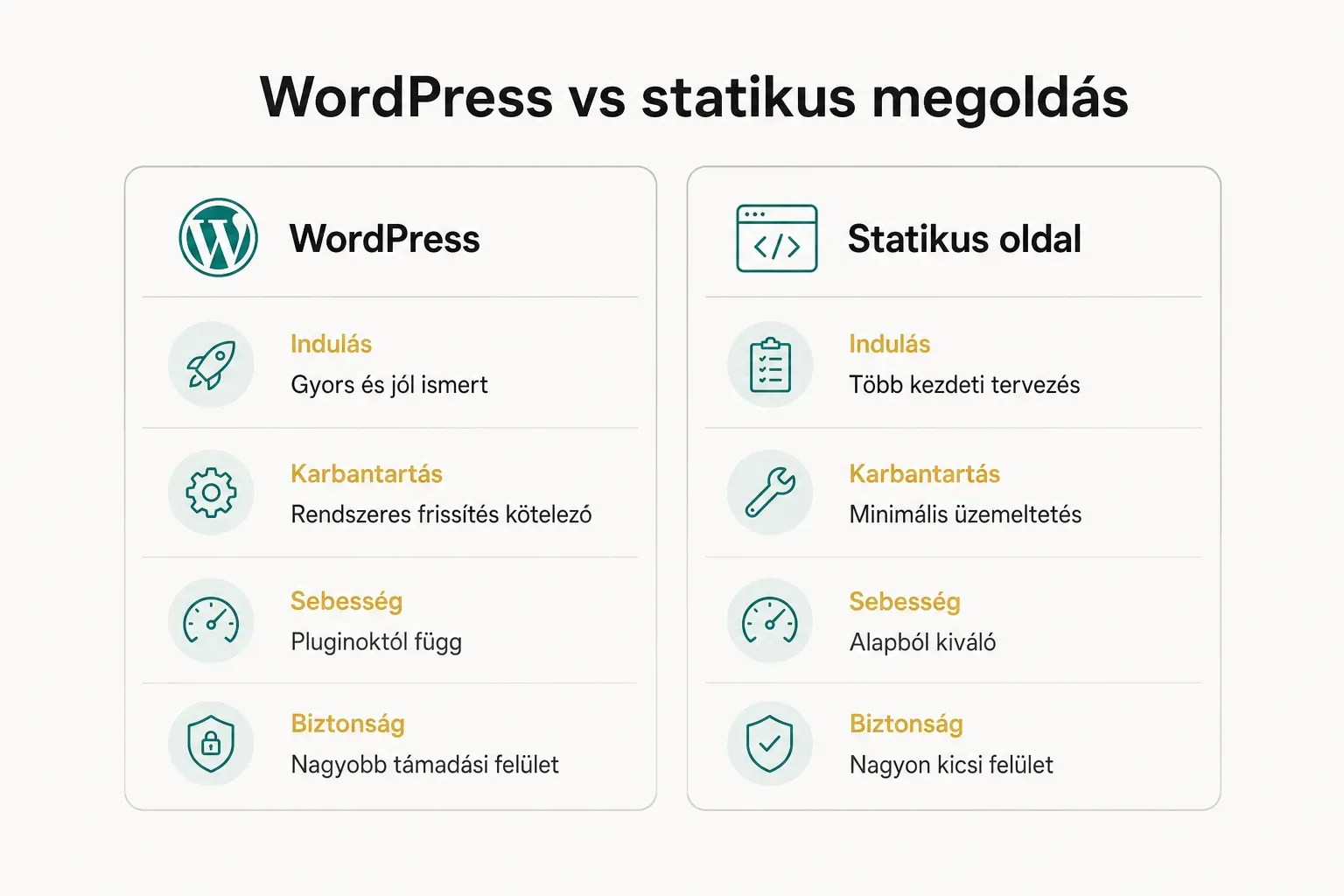 Comparison table, WordPress vs statikus megoldás. Indulás, WordPress: Gyors és jól ismert; Statikus oldal: Több kezdeti…