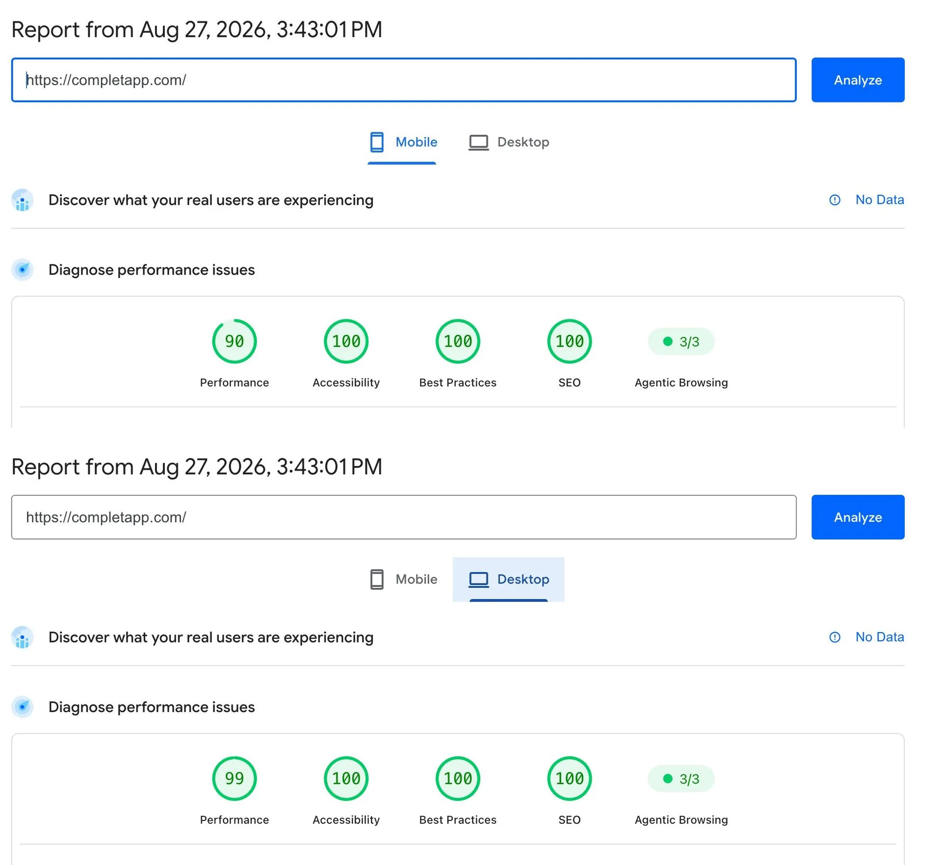 Google PageSpeed Insights results for completapp.com: 90 mobile and 99 desktop performance, with 100 for accessibility, best practices and SEO on both
