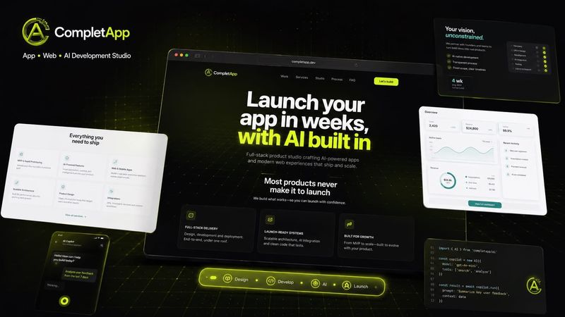 CompletApp brand visual with the studio homepage in a browser frame, dashboard and mobile app mockups on a dark lime-accented background