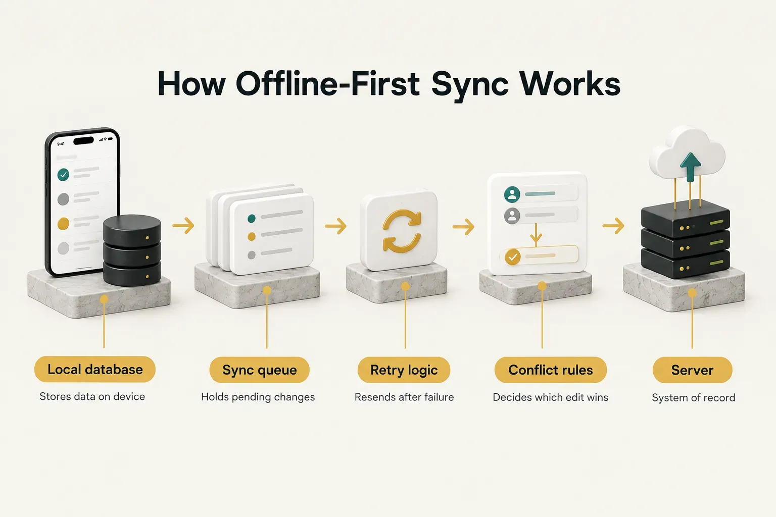 Diagram, How Offline-First Sync Works. Local database, Stores data on device; Sync queue, Holds pending changes; Retry…
