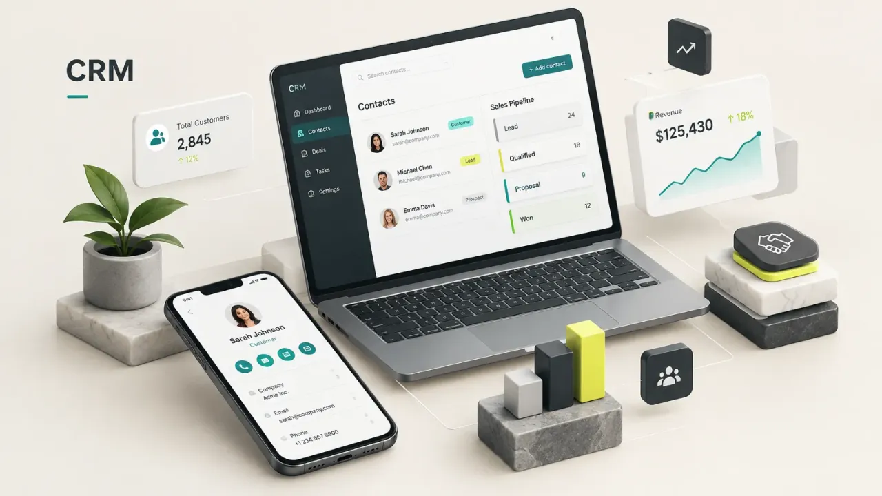 CRM rendszer irányítópultja ügyféladatokkal és értékesítési folyamatok áttekintésével