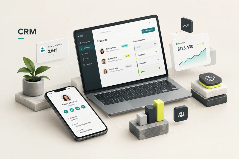 CRM rendszer irányítópultja ügyféladatokkal és értékesítési folyamatok áttekintésével