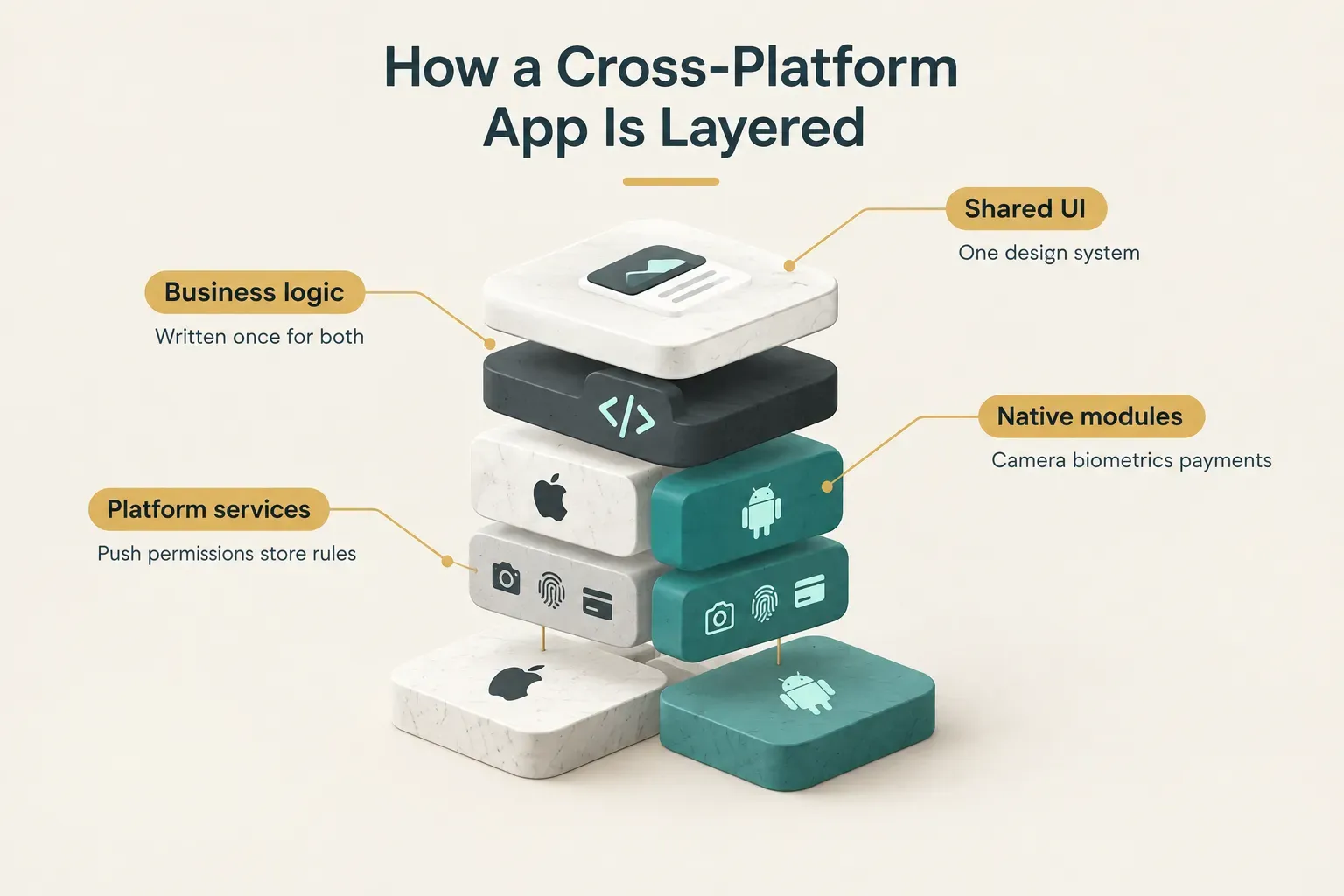 Diagram, How a Cross-Platform App Is Layered. Shared UI, One design system; Business logic, Written once for both; Native…
