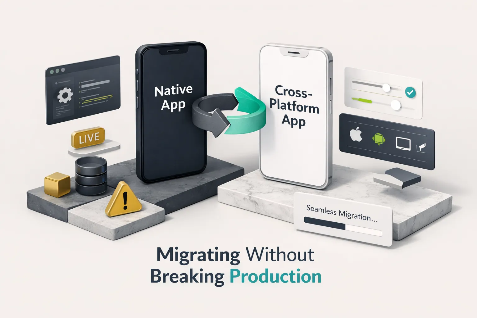 Developers comparing native iOS and Android code on laptops while migrating to a cross platform mobile app development framew