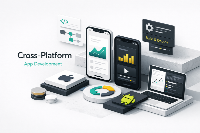 Developers collaborating on cross platform mobile app development across iOS and Android devices on multiple screens