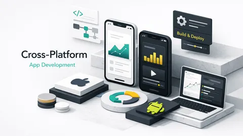 Developers collaborating on cross platform mobile app development across iOS and Android devices on multiple screens