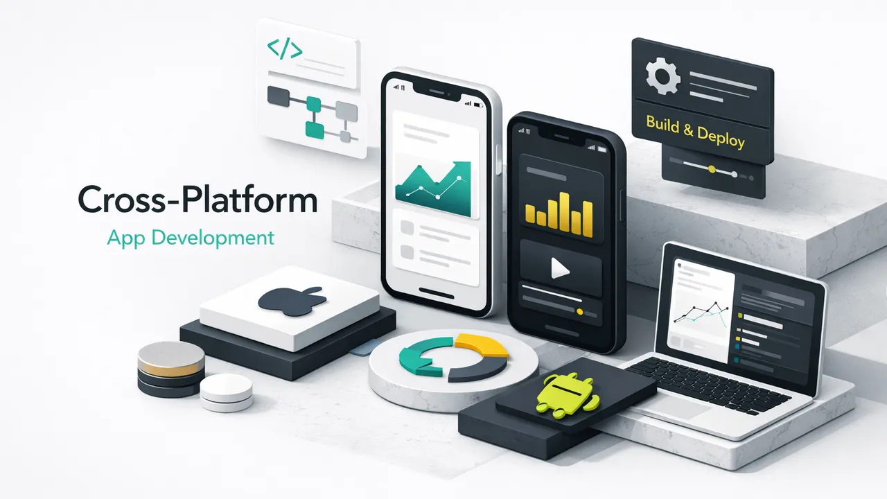 Developers collaborating on cross platform mobile app development across iOS and Android devices on multiple screens