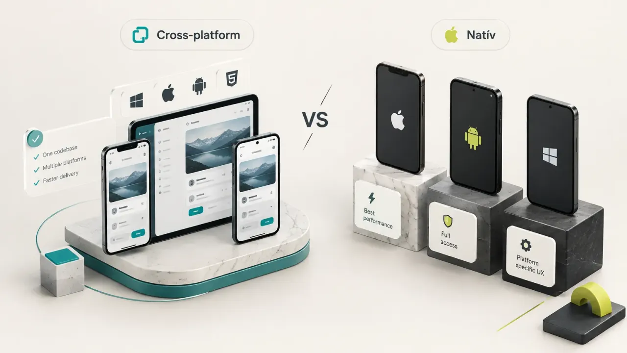 Cross platform vagy natív mobilalkalmazás-fejlesztés összehasonlítása ikonokkal és kódrészletekkel