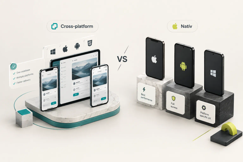 Cross platform vagy natív mobilalkalmazás-fejlesztés összehasonlítása ikonokkal és kódrészletekkel