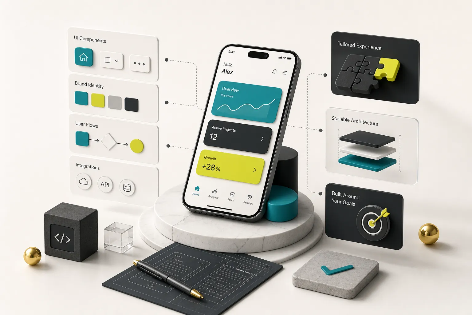 Developer designing a custom mobile app development interface with tailored features and layout