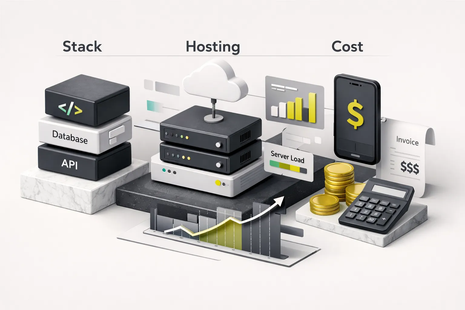 Developer reviewing cloud hosting dashboard with code editor open, planning custom web app development stack and budget