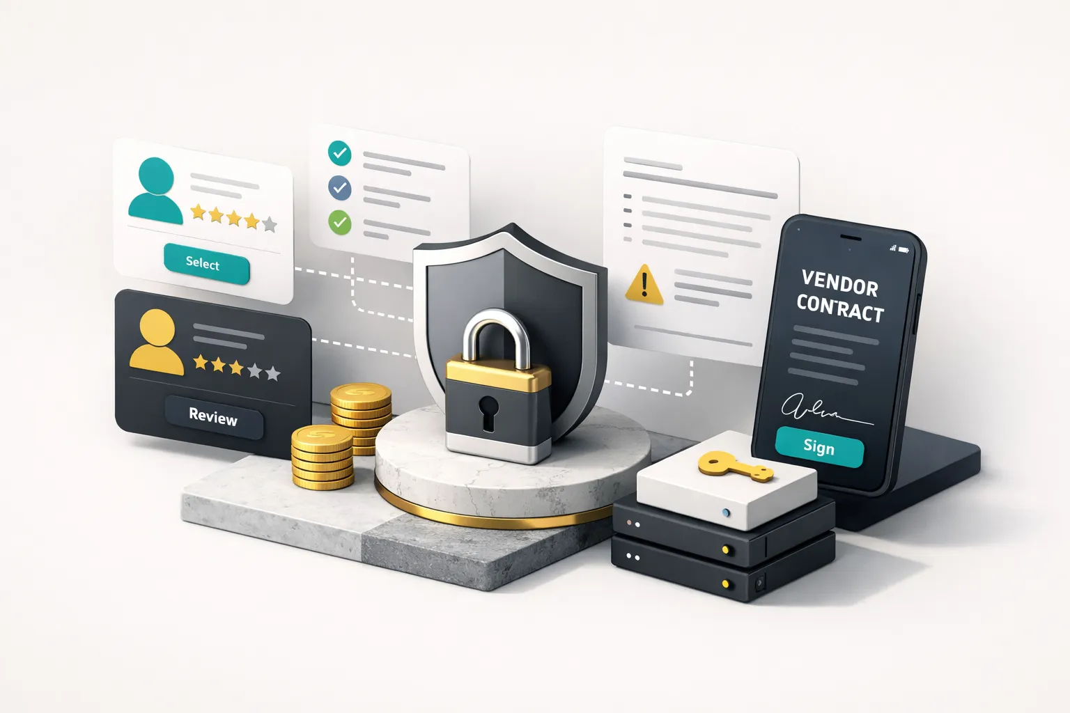 Developer reviewing vendor contracts on laptop with security shield icon, representing safe custom web app development partne