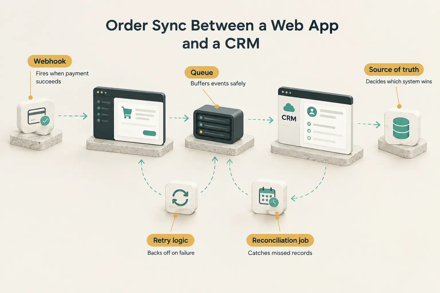 Diagram, Order Sync Between a Web App and a CRM. Webhook, Fires when payment succeeds; Queue, Buffers events safely…