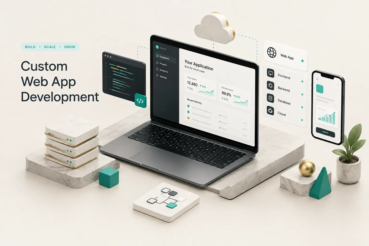 Developer team building custom web app development services on laptops in a modern office workspace
