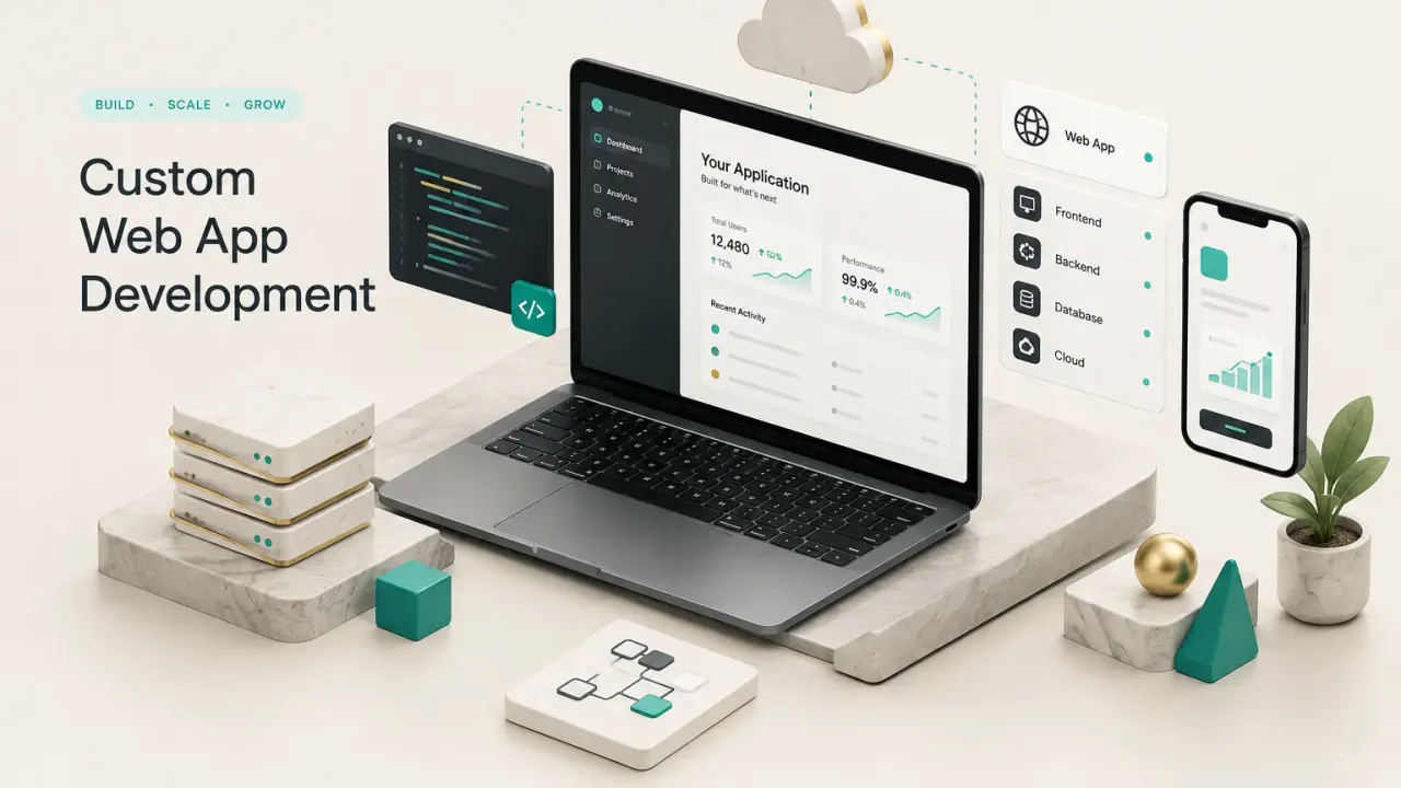 Developer team building custom web app development services on laptops in a modern office workspace