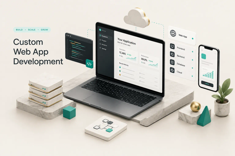Developer team building custom web app development services on laptops in a modern office workspace