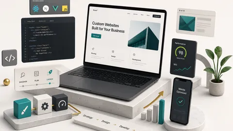 Custom website development service team coding a tailored site on multiple screens in a modern office