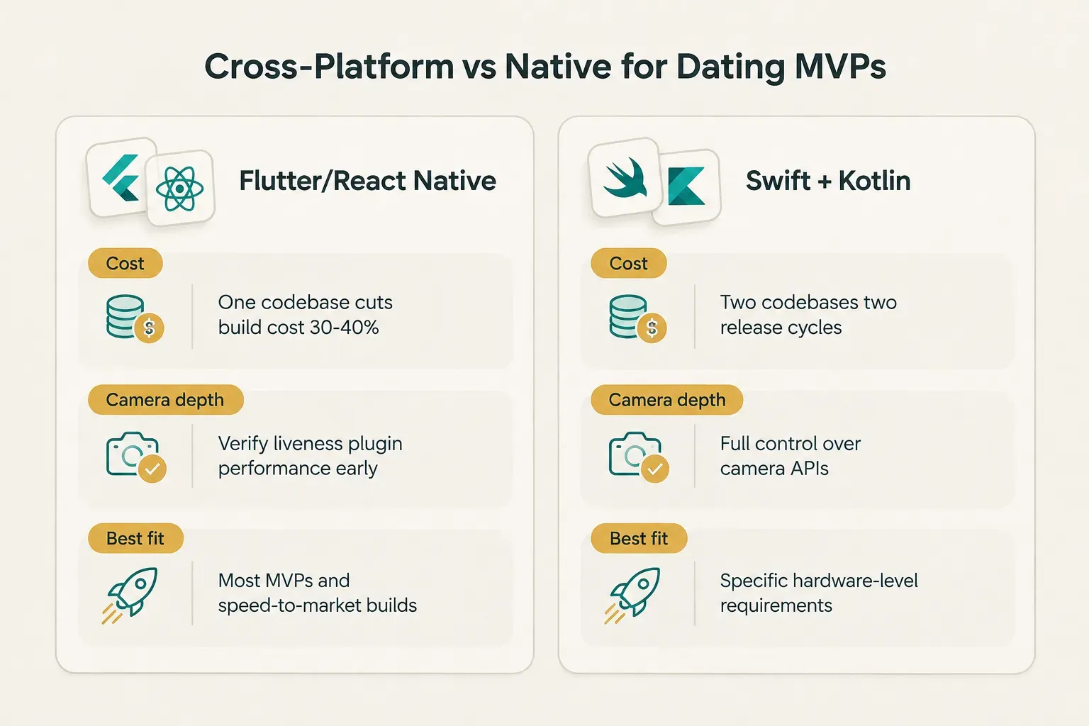 Comparison table, Cross-Platform vs Native for Dating MVPs. Cost, Flutter/React Native: One codebase cuts build cost…