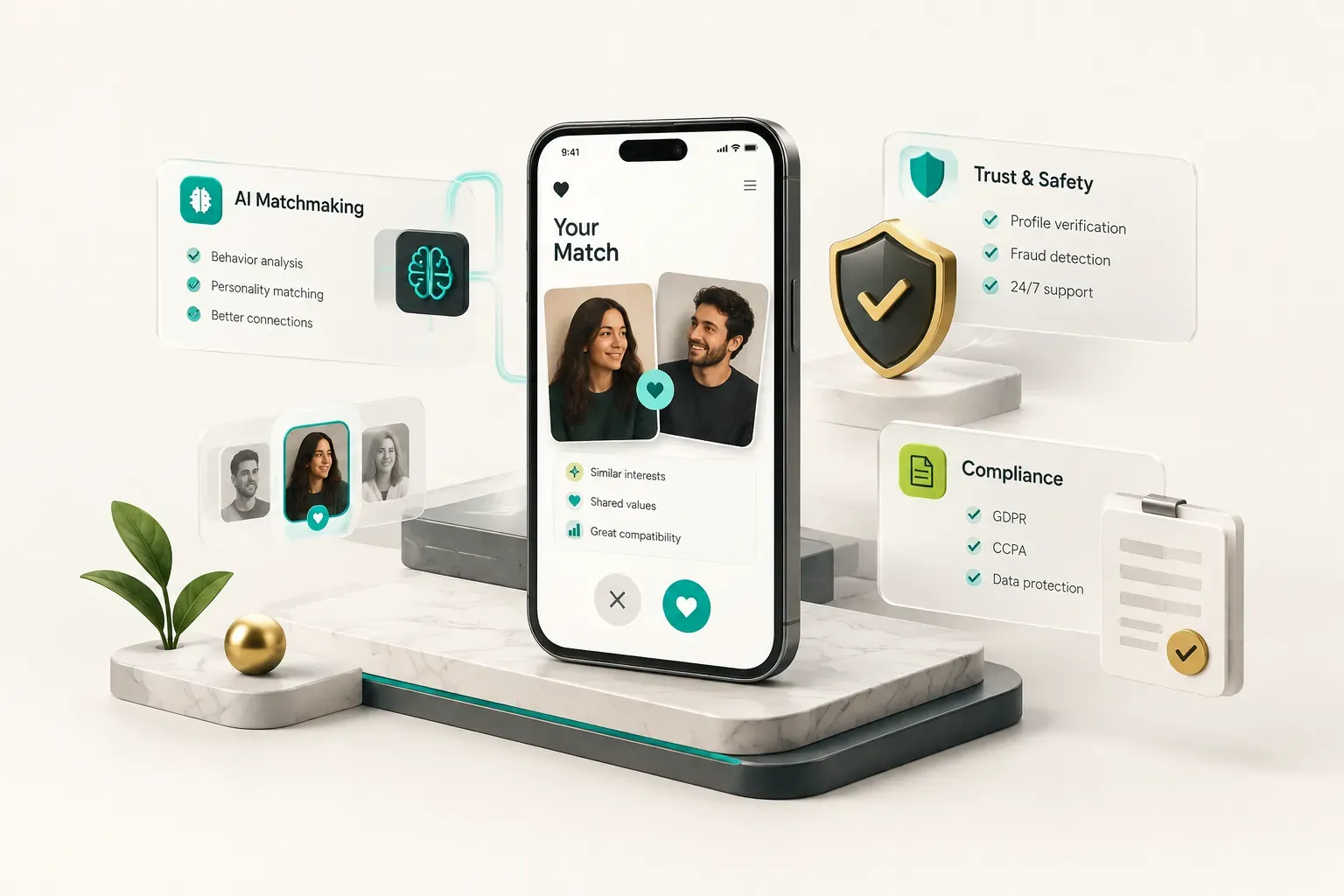 Dating app development company team designing AI matchmaking, trust, safety, and compliance features