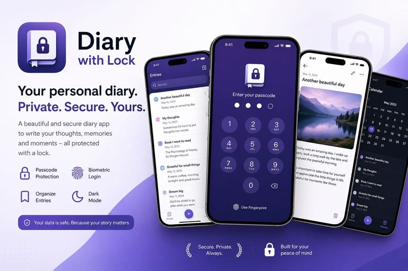 Diary with Lock app preview with a minimal dark journaling interface