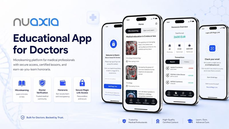 Educational app for doctors preview with microlearning feed, magic link login, and honoraria screens