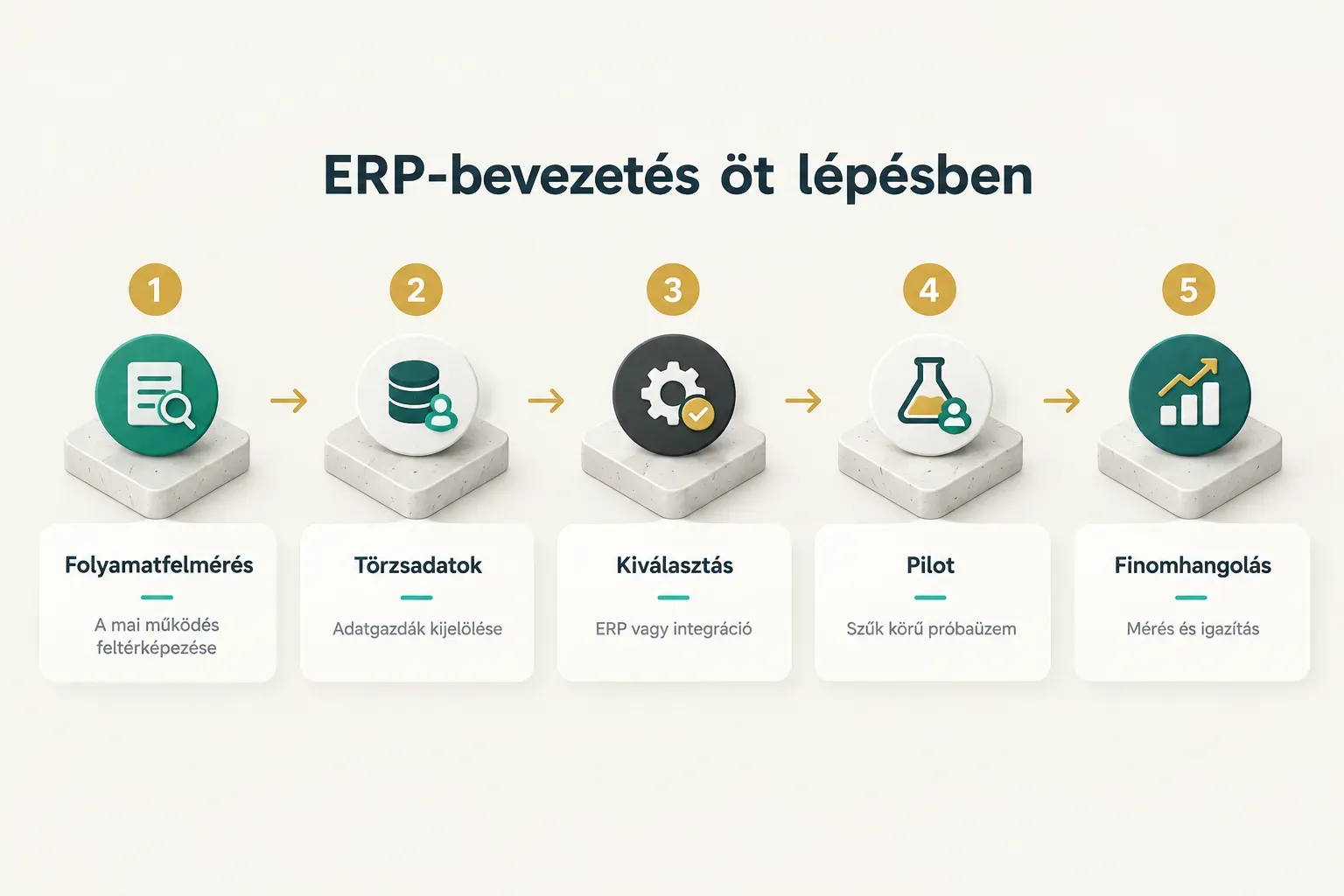 Step-by-step diagram, ERP-bevezetés öt lépésben. 1. Folyamatfelmérés, A mai működés feltérképezése; 2. Törzsadatok…