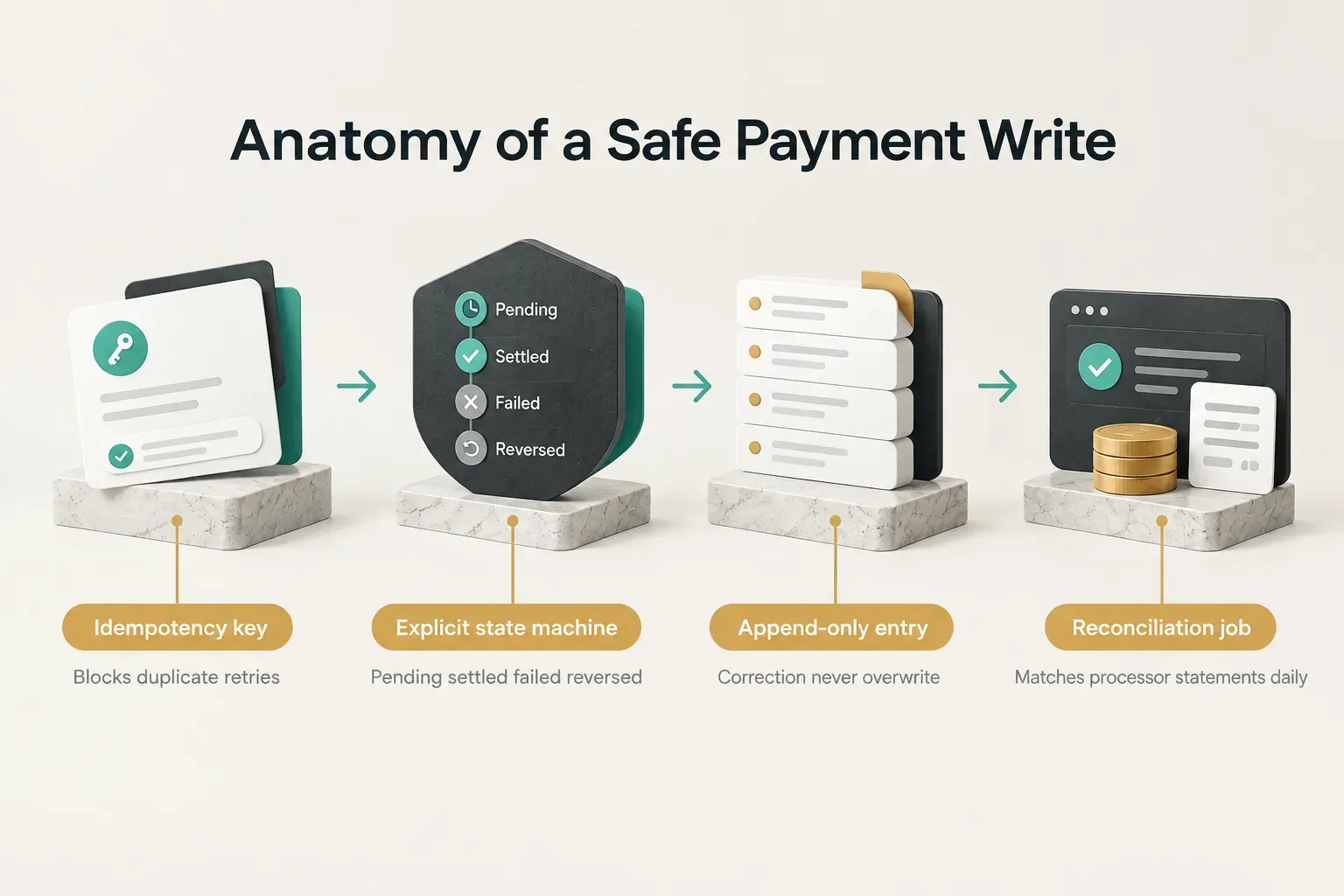 Diagram, Anatomy of a Safe Payment Write. Idempotency key, Blocks duplicate retries; Explicit state machine, Pending…