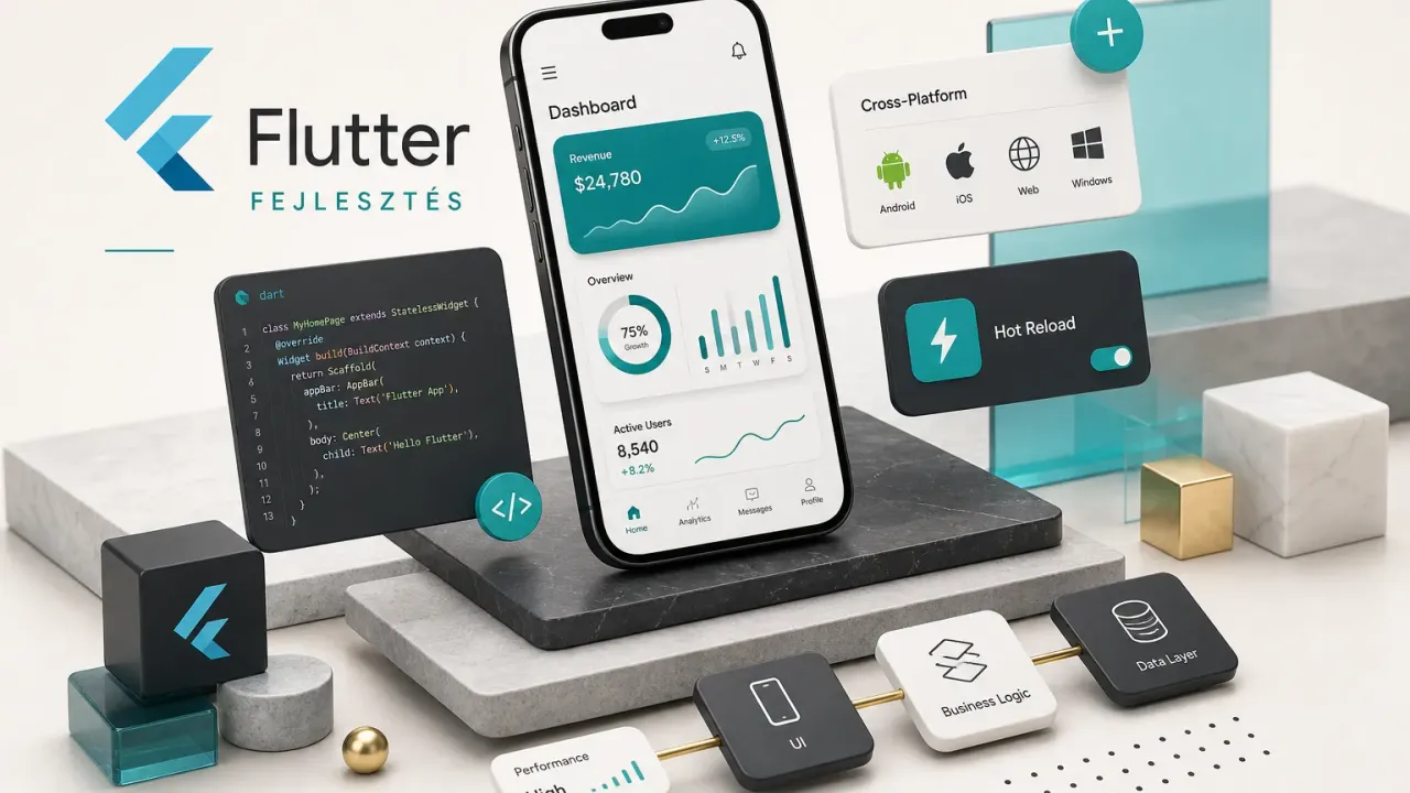 Flutter fejlesztés folyamata laptopon megjelenített kódrészletekkel és mobilalkalmazás felülettel
