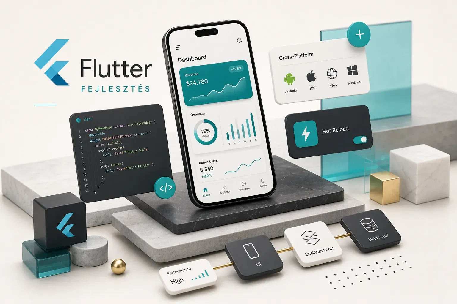 Flutter fejlesztés folyamata laptopon megjelenített kódrészletekkel és mobilalkalmazás felülettel