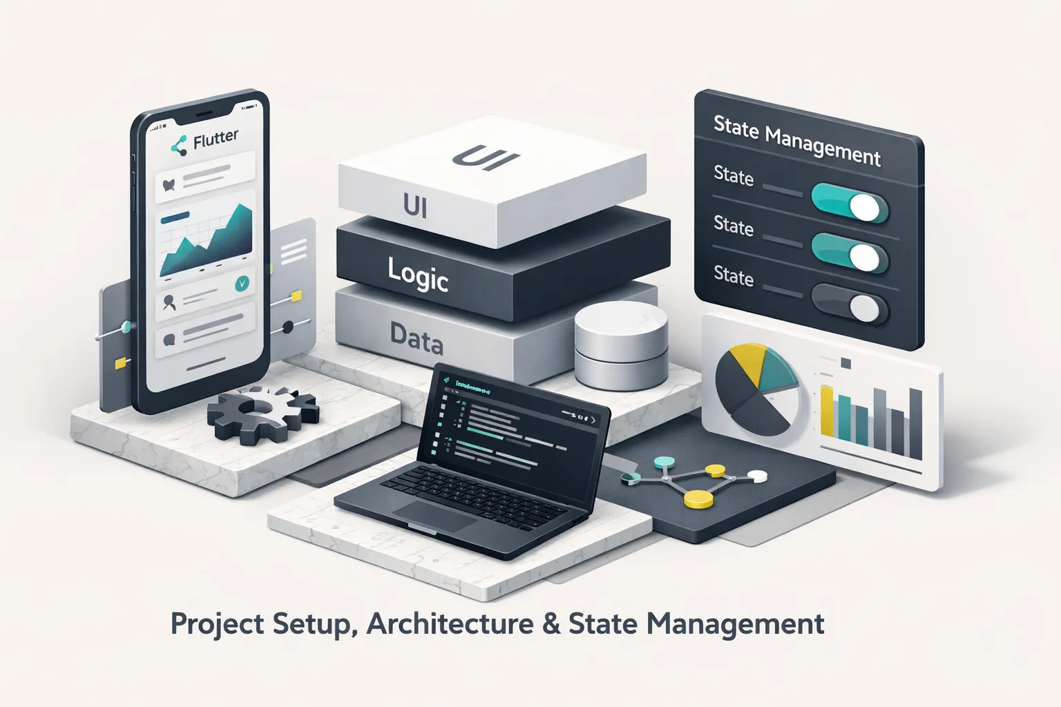 Flutter mobile app development project architecture diagram showing state management flow and folder structure on a laptop sc