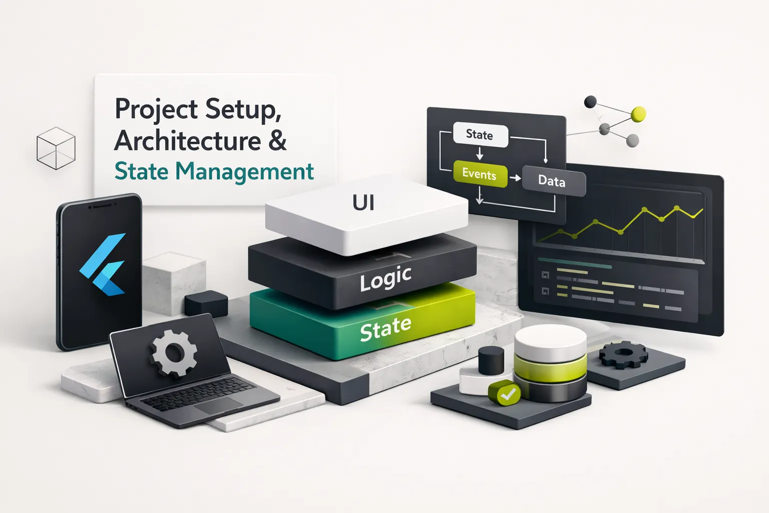Flutter mobile app development project architecture diagram showing state management flow and folder structure setup
