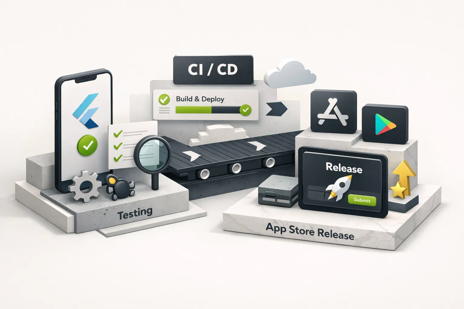 Flutter mobile app development testing pipeline with CI/CD workflow and app store release process on a laptop screen