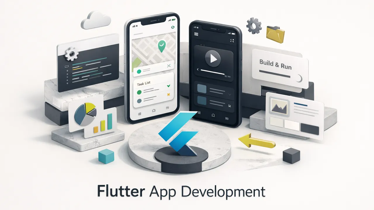 Flutter mobile app development with Dart code on a laptop screen alongside a smartphone displaying a colorful UI